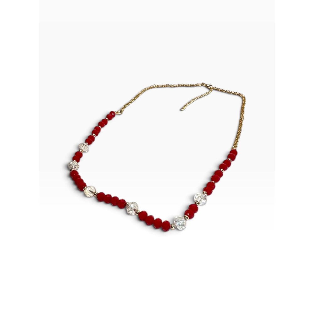 Beaded Necklace 25" Red Clear Gold Tone Statement